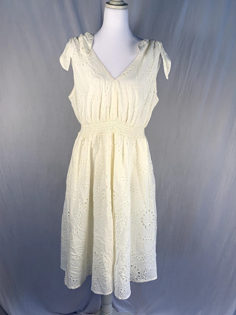 Anne Klein Petite Size 10P Pearl White Cotton Lace A-Line Midi Dress NWT